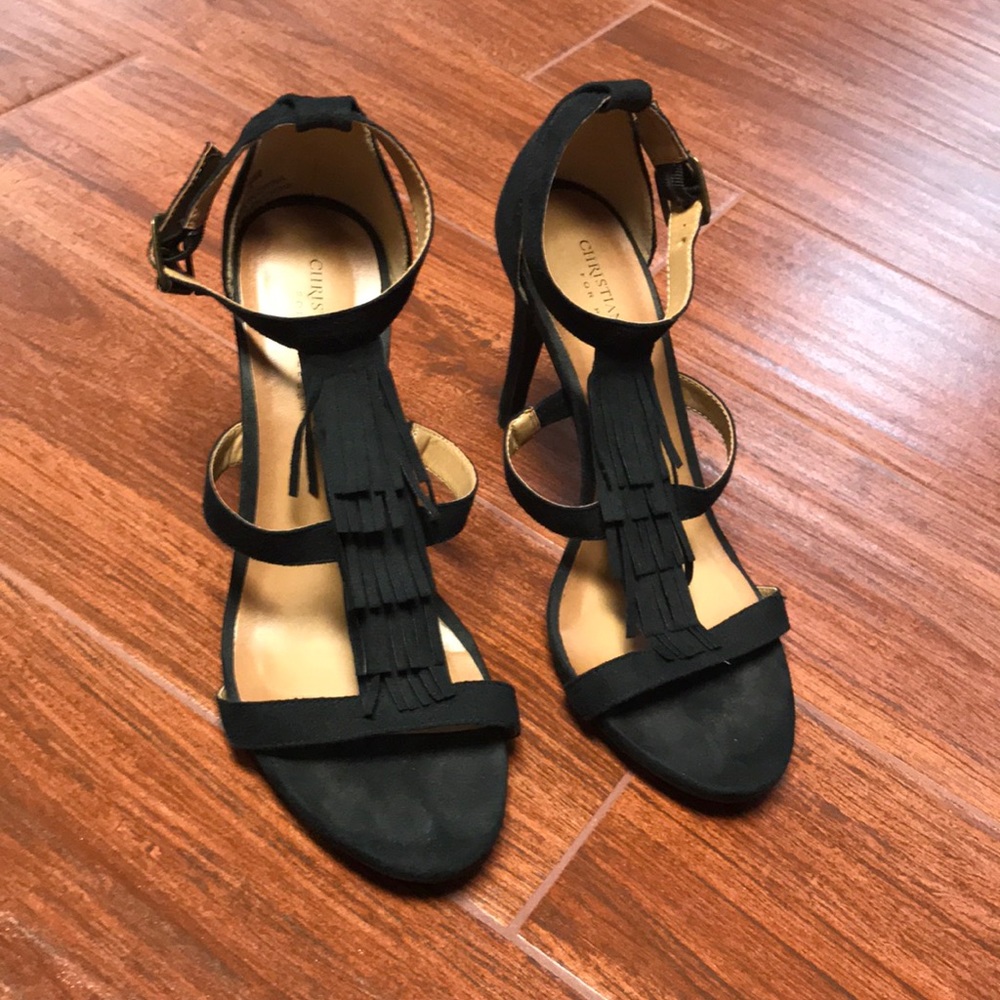 Black fringe heels